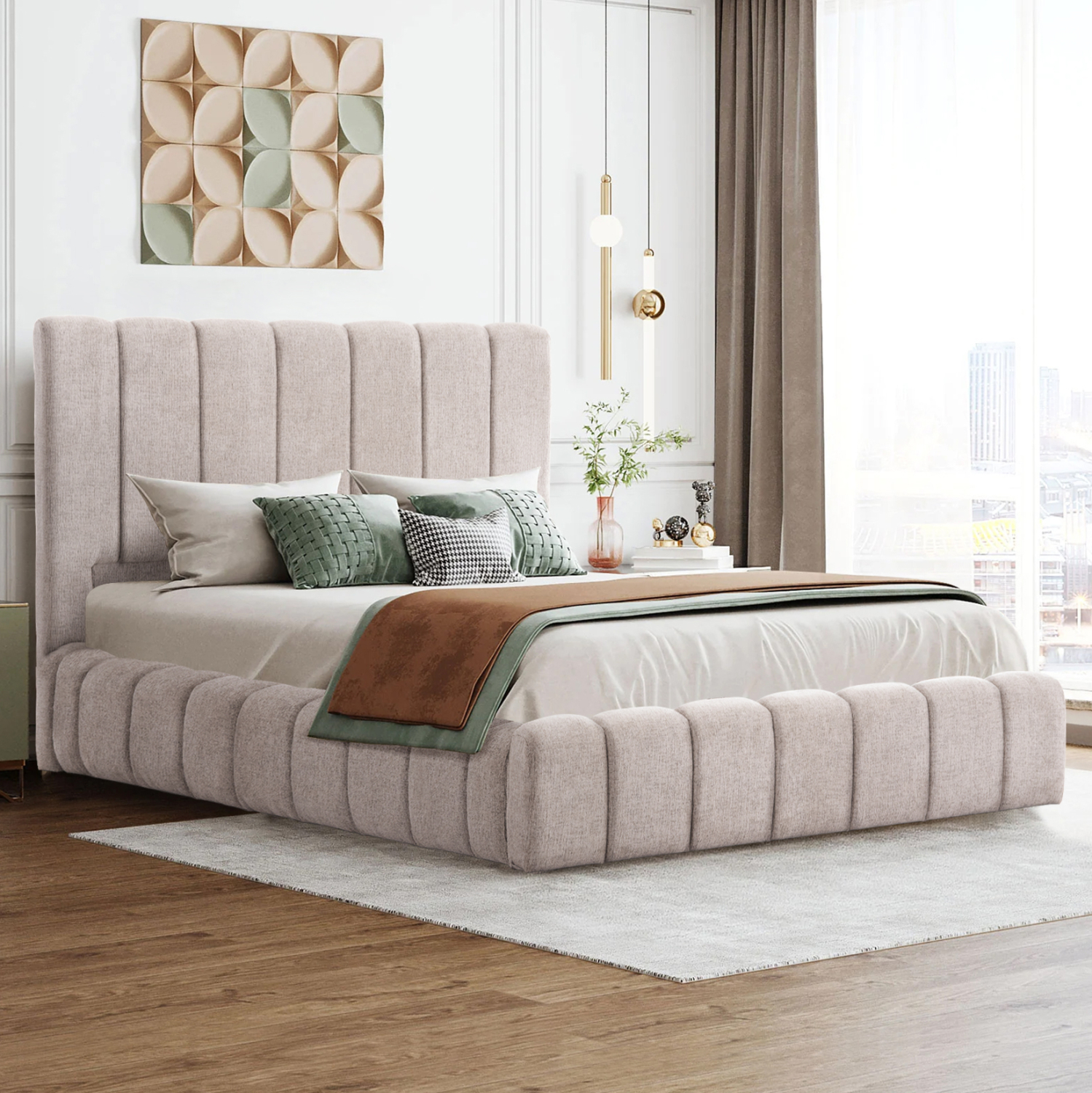 Спалня с матрак и механизъм 160х200 см бежово букле