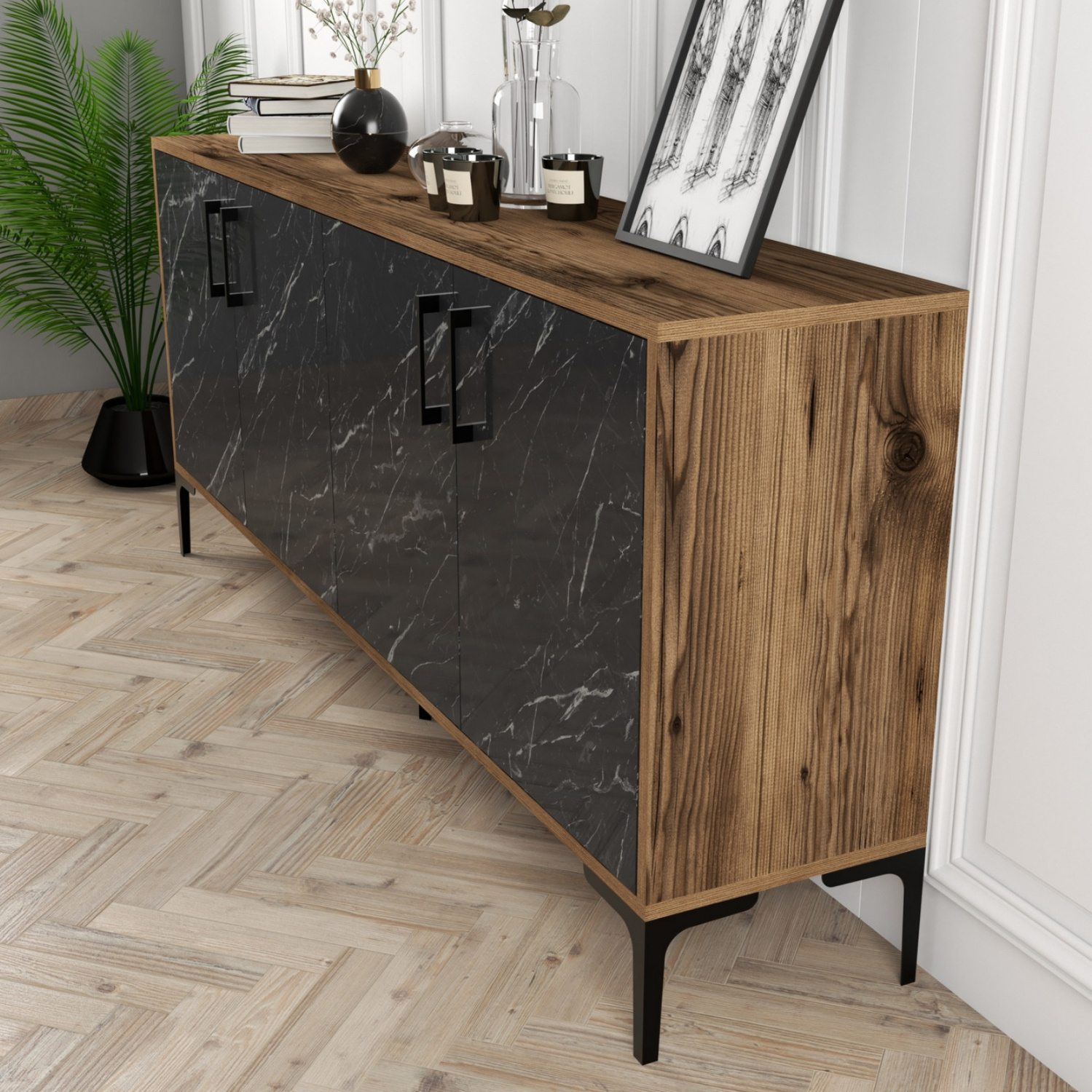 Бюфет орех – черен мрамор